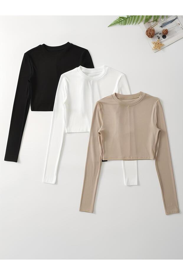 Women's 3-Piece 100% Cotton Crew Neck Knitted Plain Long Sleeve Blouse