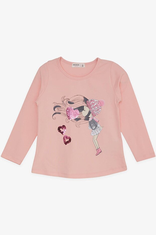 Girl's Long Sleeve T-Shirt Sequined Heart Printed 2-6 Years, Salmon