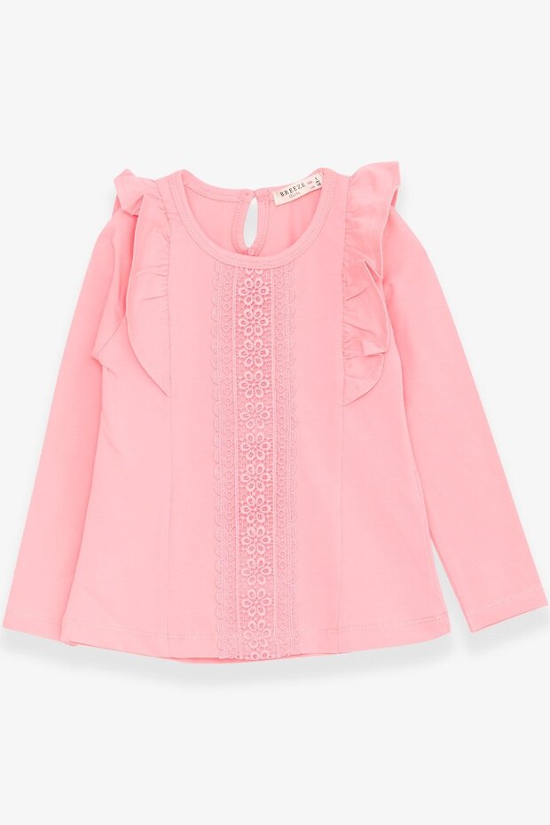 Girl's Long Sleeve T-Shirt with Laced Frills, Age 3-8, Powder