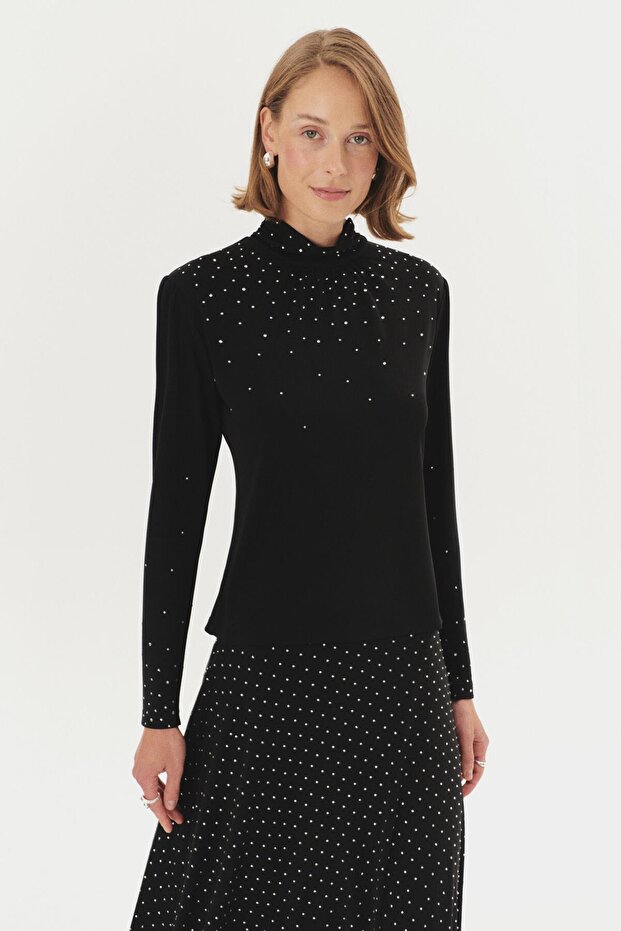 Stand Collar Jewelled Lycra Slim Fit Black Knitted Blouse