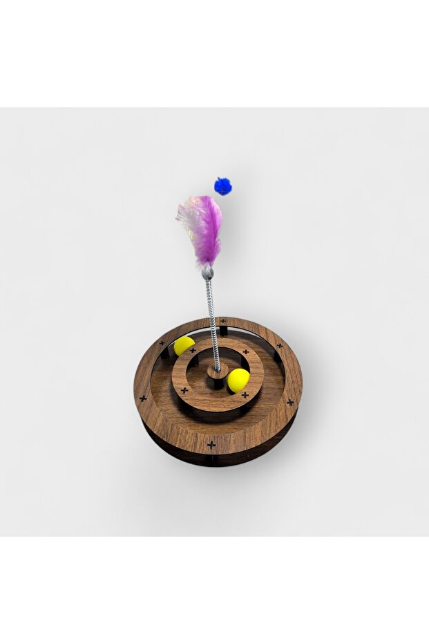 Emse Natural Wooden Cat Toy with Two Balls and Spring