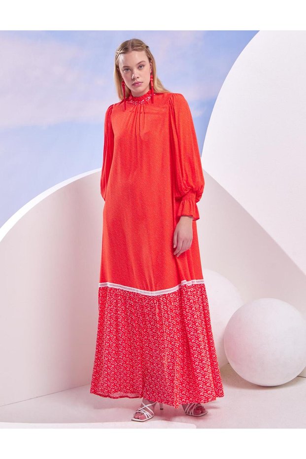 Layered Detailed Balloon Sleeve Dress Coral
