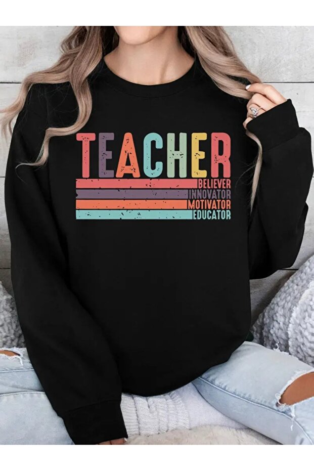 24 November Teachers' Day Printed Crew Neck Oversize Black Sweatshirt