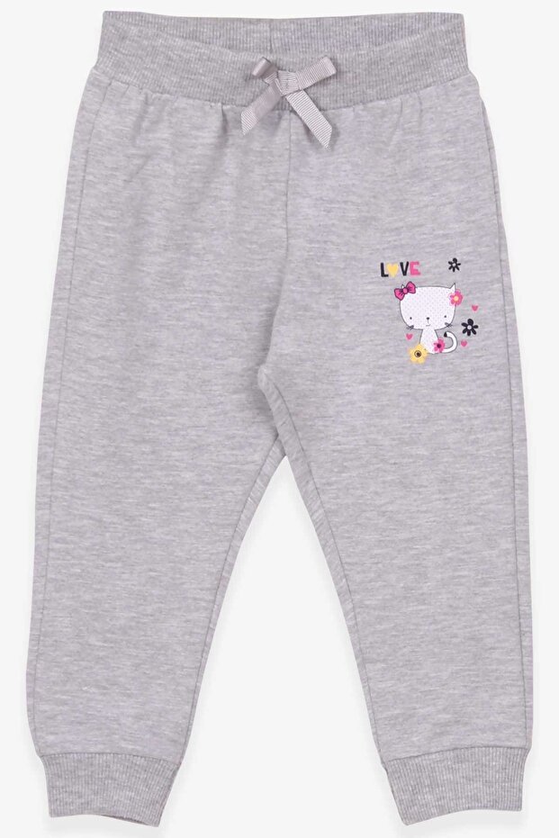 Baby Girl Sweatpants Cat Printed 6 Months-2 Years, Light Gray Melange