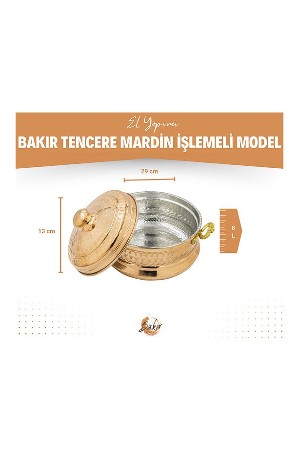 Bakır Tencere Mardin Işlemeli Model Gümüş 8 Litre Bakır Renk - 9