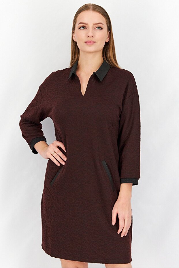 Women Textured 3/4 Sleeve Mini Dress, Brown And Black