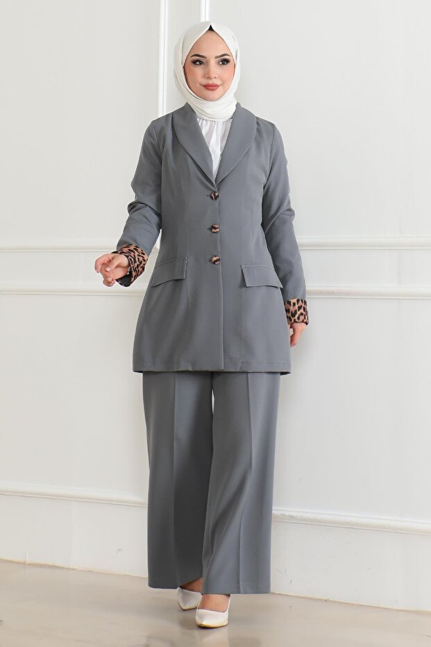 Gray Leopard Patterned Set - 19218 - 3