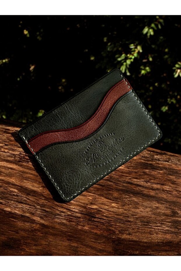 Handmade Genuine Leather Card Holder - Khaki and Brown, Minimalist 5 Compartment Design