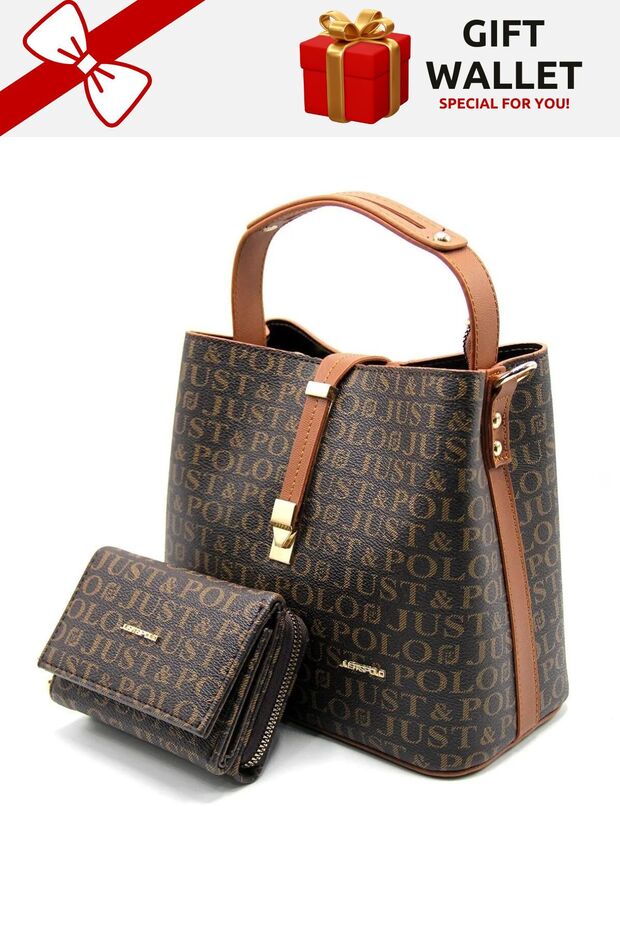 Kadın Kahve Taba Kilit Detaylı Cüzdan Çanta Kombini & Handbag - 1