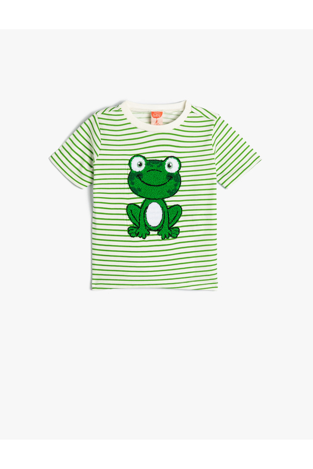 Short Sleeve Crew Neck Frog Printed Cotton T-Shirt