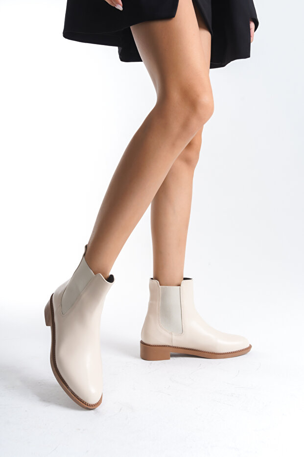 Women's Vanessa Beige Leather Rubber Detailed Short Ankle Boots