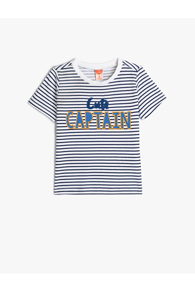 Striped T-Shirt Short Sleeve Crew Neck Appliqued Cotton