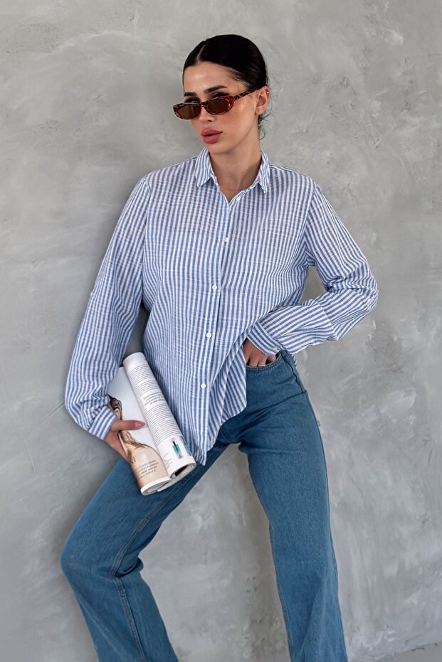 Women's Blue Striped Slim Fit 100% Cotton Shirt