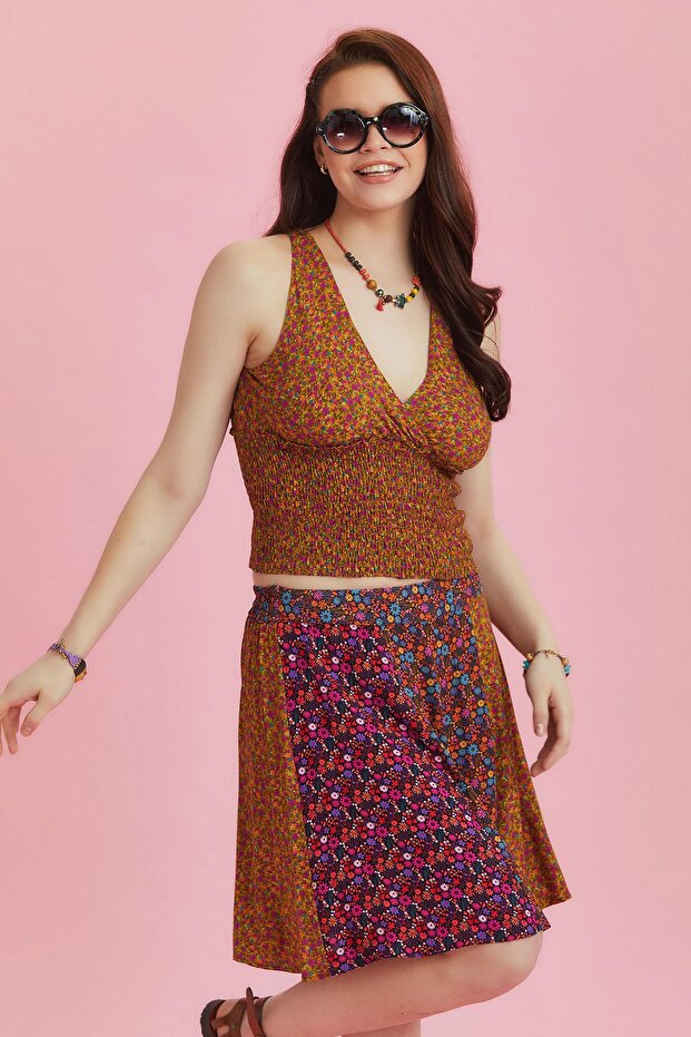 Desenli Patchwork Parçalı Mini Etek - 3