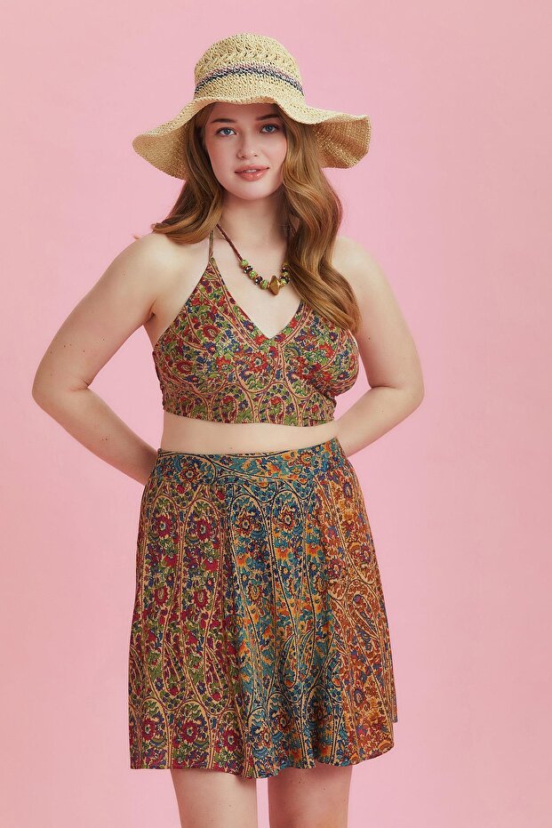 Patterned Patchwork Piece Large Size Skirt - 4