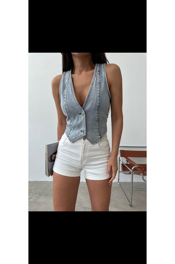 Kısa Crop Yelek İnci Detay Kot Jean - 2