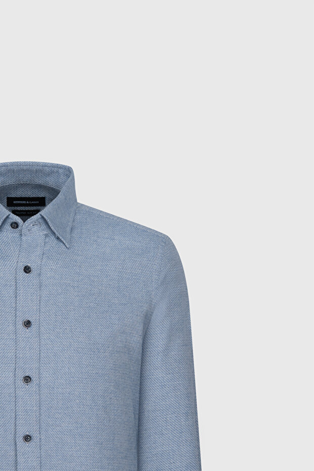 Erkek Mavi Slim Fit Dar Kesim Klasik Yaka Flanel Gömlek - 8