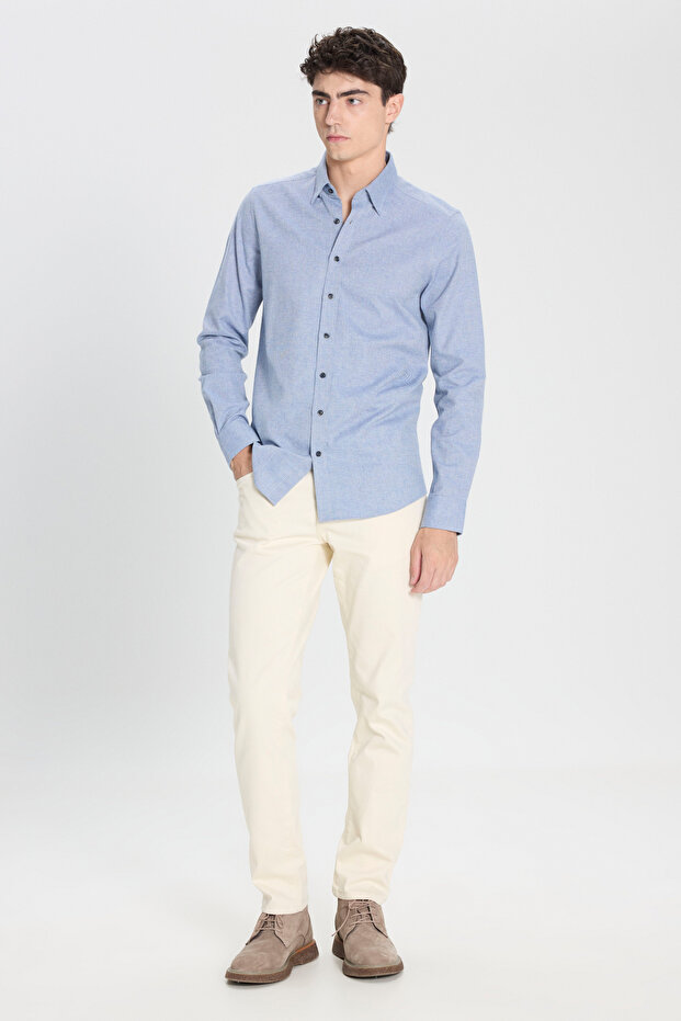 Erkek Mavi Slim Fit Dar Kesim Klasik Yaka Flanel Gömlek - 2