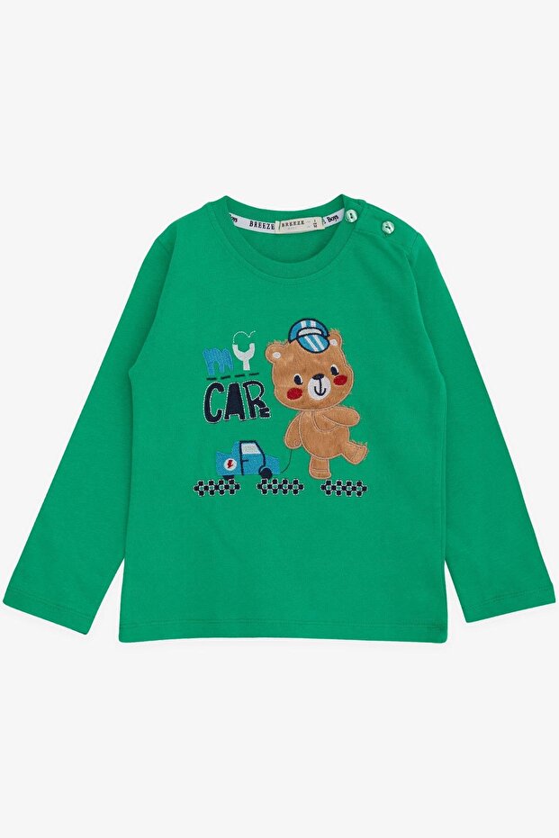 Baby Boy Long Sleeve T-Shirt with Teddy Bear Printed Text Embroidery 9 Months-3 Years, Green