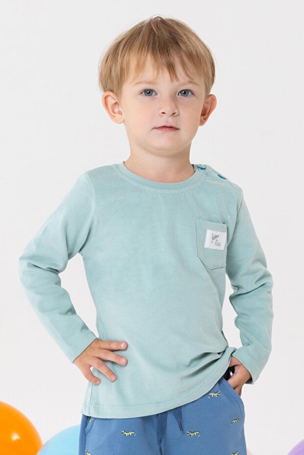 Baby Boy Long Sleeve T-Shirt Cool Text Embroidered Pocket 9 Months-3 Years, Water Green