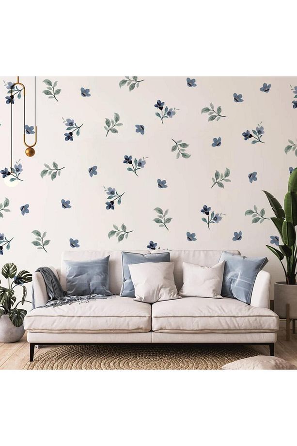 Mavi Çiçekler ve Yapraklar Duvar Sticker Boho Duvar Dekorasyon - 1