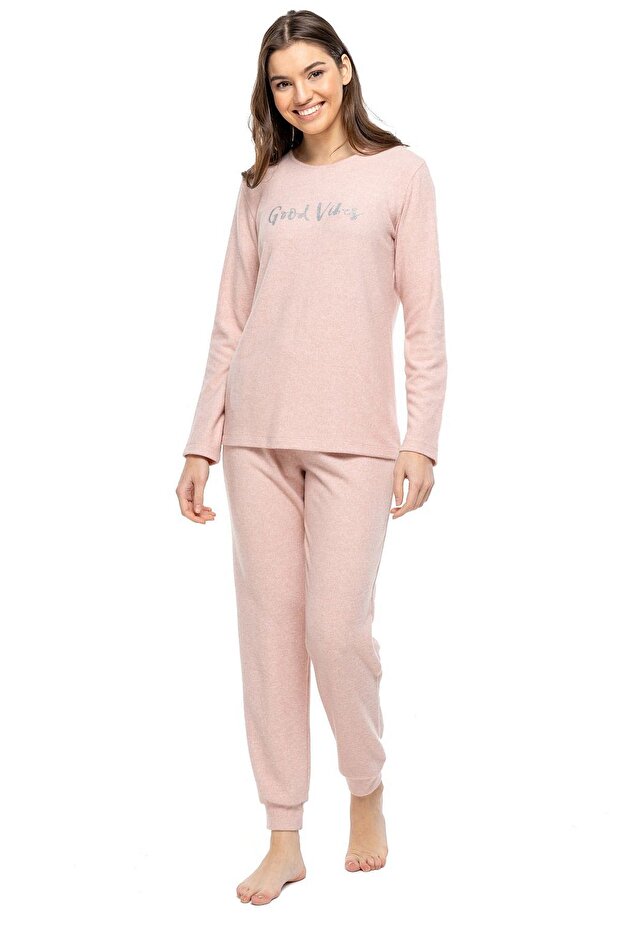 3981 Women's Pink Melange Round Neck Long Sleeve Pajama Set -Pinkmelange
