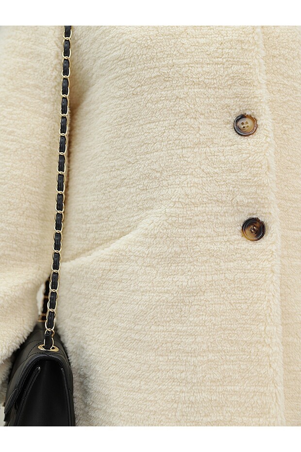 معطف مبطن بزر مع جيب أمامي - بيج - 5