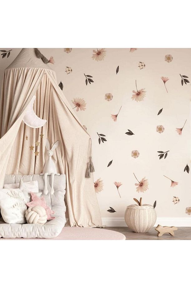Pastel Soft Çiçekli Yapraklar Duvar Sticker Çayır Çiçek Botanik Boho Duvar Dekorasyonu - 3