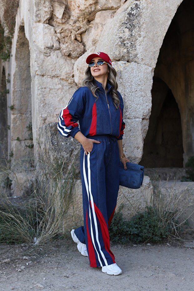 Red Parachute Fabric Denim Detail Tracksuit Set