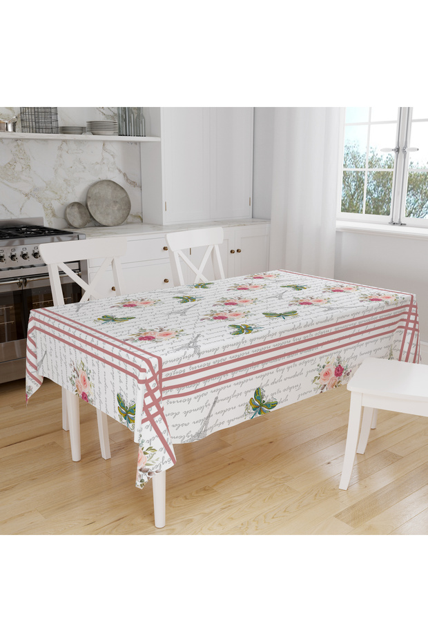 Digital Printed Tablecloth with Dragonfly Flowers and Eiffel Pattern