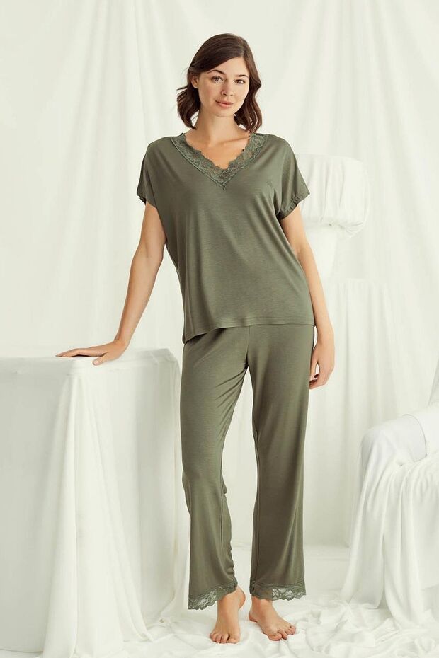 18488 Women's V-Neck Short Sleeve Pajama Set-Khaki