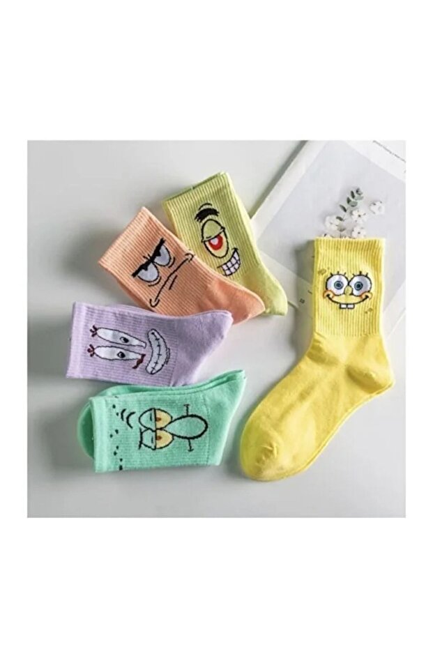 College Socks Cotton 5 Pairs Fun Colorful Patterned Socks Comfortable Flexible Socks Funny Face Socks