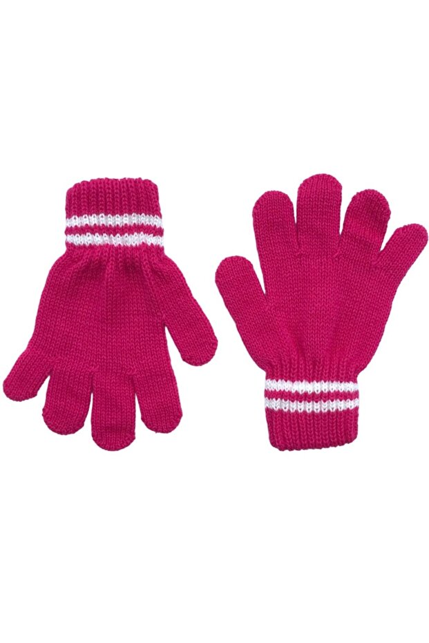 Children's Winter Dark Pink Soft Textured Striped Pattern Detailed Knitted Gloves
