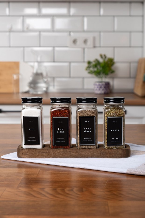 Mienda Home 4-Piece Glass Spice Rack Set with Wooden Stand, Black Lid and Label Mh01Syh04