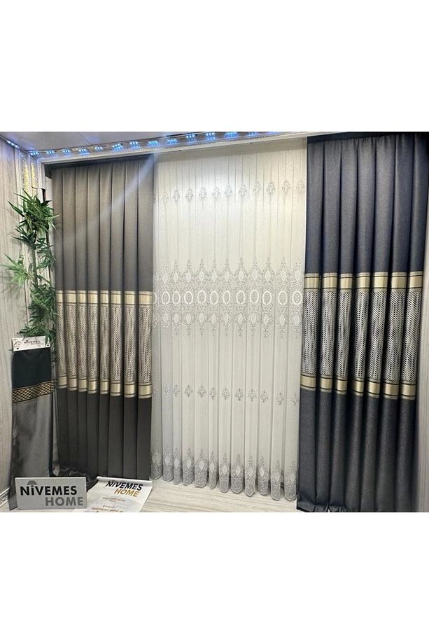 Nivemeshome Milano 4014 Gümüş Detaylı 1/3 Sık Pileli Tül Perde Apm - 1