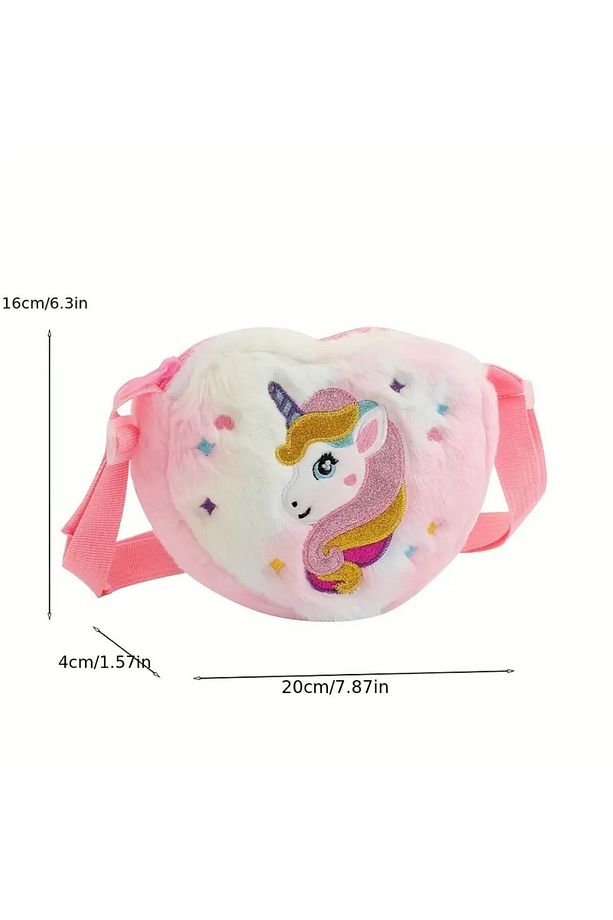 Peluş Unicorn İşlemeli Kalp Çapraz Çanta - Ayarlanabilir Askılı - 3