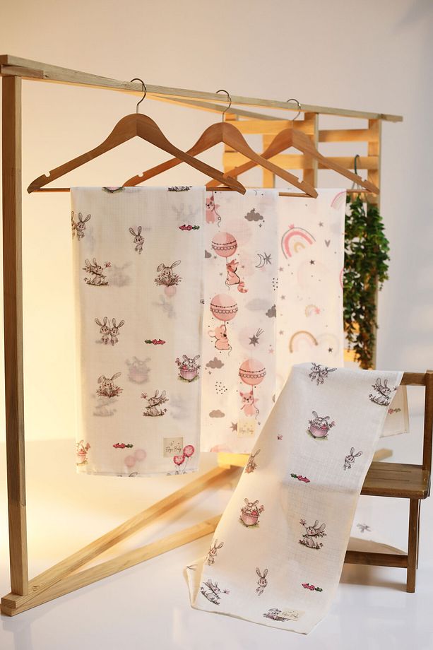 Tek Kat Desenli 3'lü %100 Pamuk Müslin Battaniye Ve Örtü Seti 80x80cm - 5