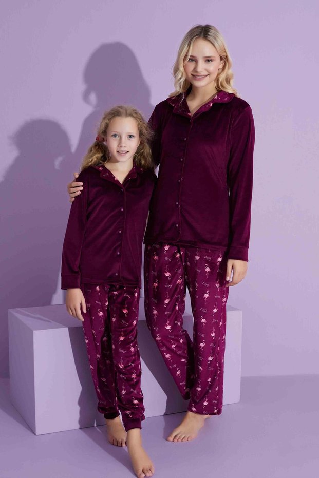 New Season Trend Model Buttoned Velvet Mother/Daughter Pajama Set 2800-Plum Flamingo