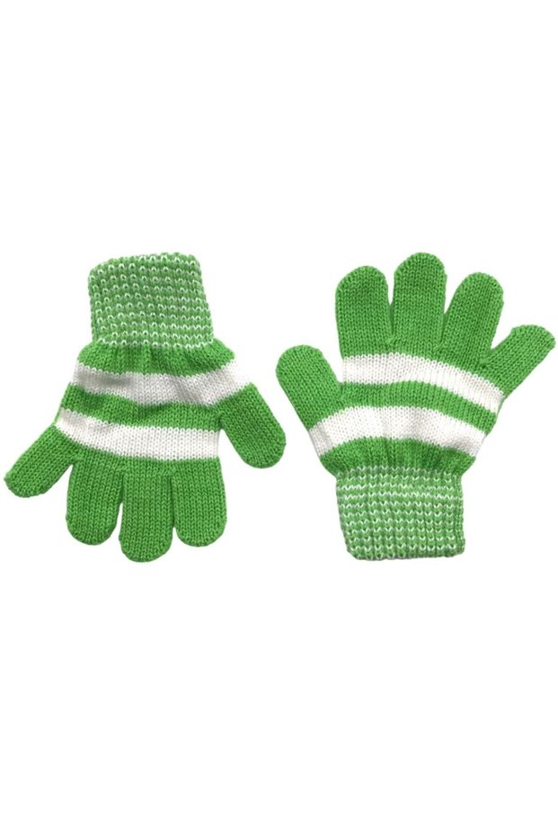 Children's Winter Pistachio Green Color Soft Textured Striped Patterned Knitted Gloves Glove