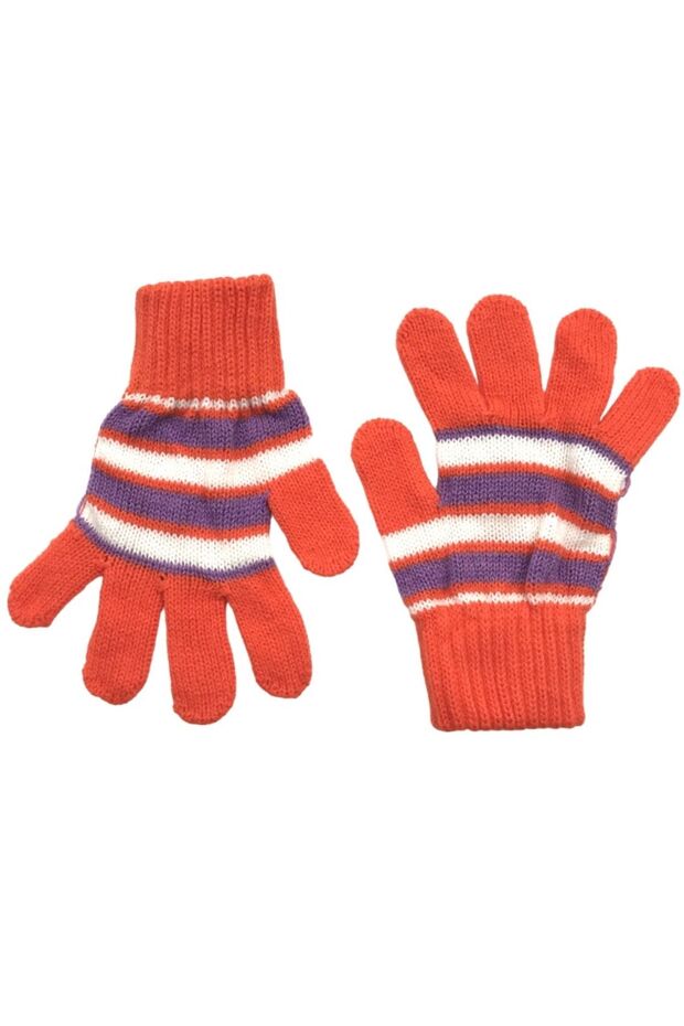Children's Winter Orange Soft Textured Striped Patterned Knitwear Knitted Gloves Glove