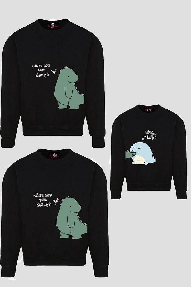 Dinazor Baskılı  Anne Baba Eş Kız Oğul Aile Kombini Sıfır Yaka Sweatshırt (Tek Sweatshirt Fiyatıdır) - 1