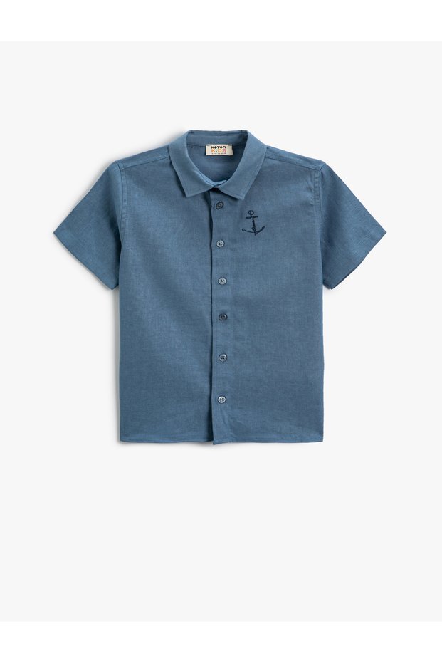 Shirt Linen Blend Short Sleeve with Embroidery Detail