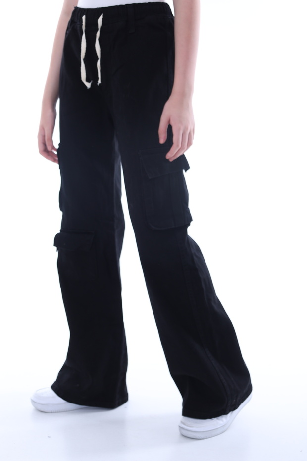 Girl's 100% Cotton Oversize Cargo Pocket Elastic Waist Jeans