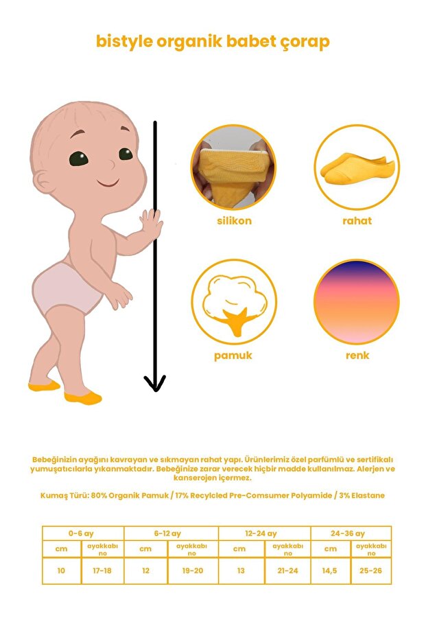 Bistil Kız Erkek Bebek Silikonlu Organik Basic Babet Çorap - 3