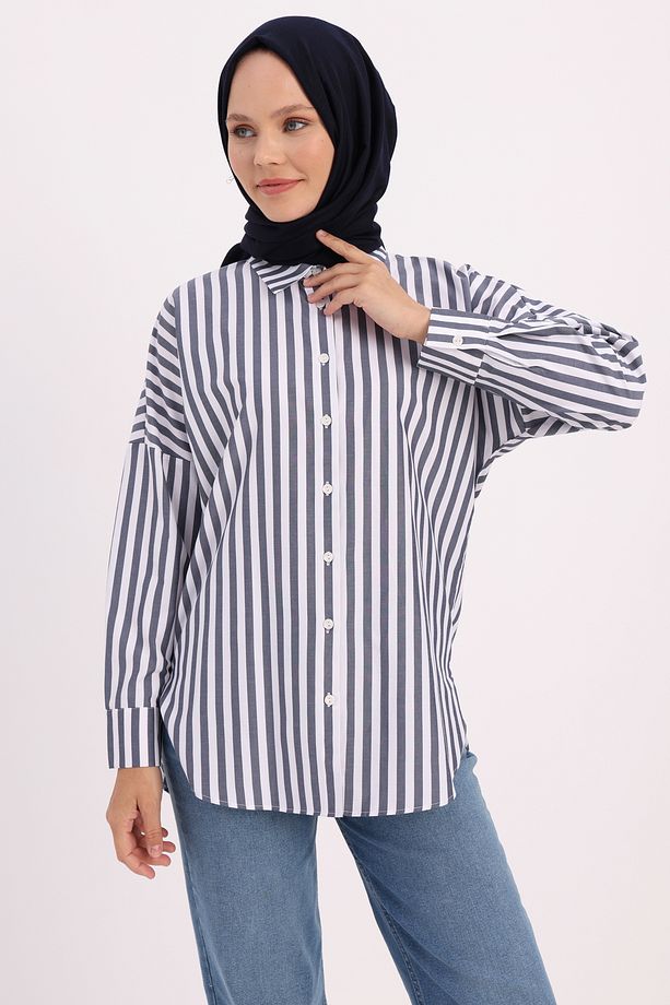 Lacivert-Beyaz Oversize Basic Gömlek - 1