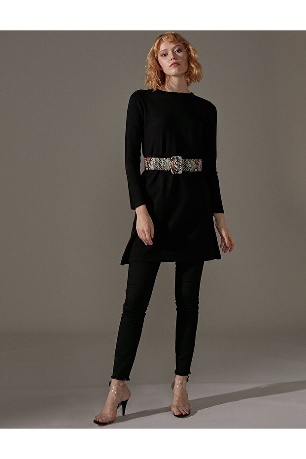 Basic Sıfır Yaka Triko Tunik Siyah - 3