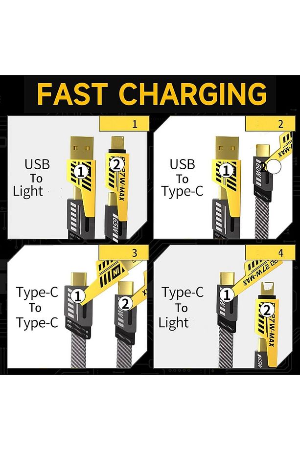 4in1 PD 65 Watt Type-C/27 Watt iPhone Halat Örgü Kırılmaz Uç 1 Metre Hızlı Şarj ve Data Kablosu - 3