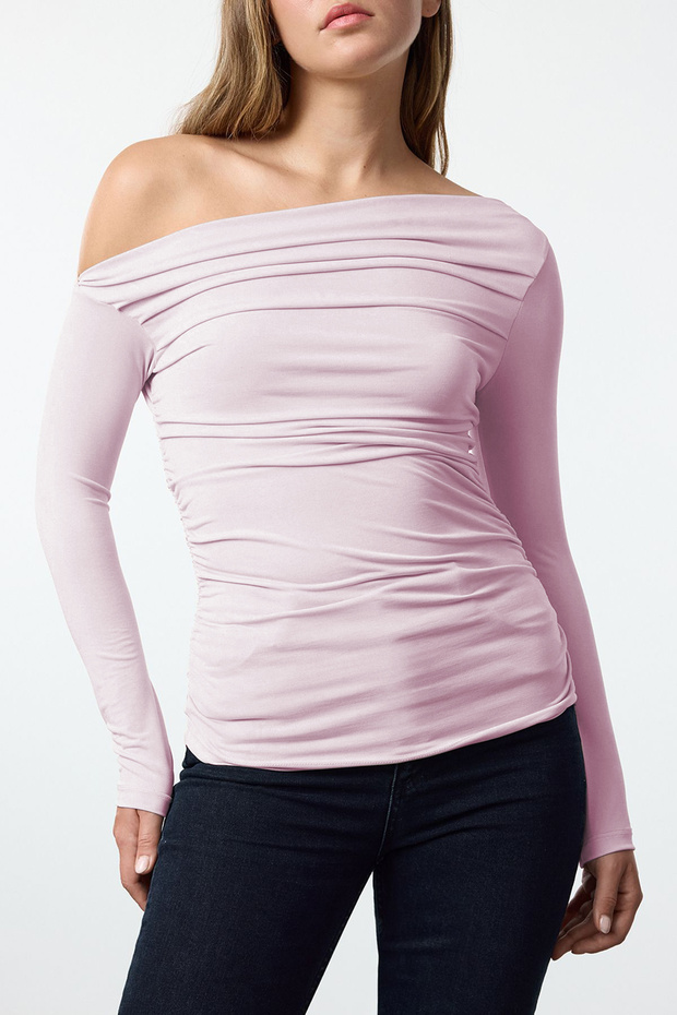 Pembe Büzgü/Drape Detaylı Fitted/Vücuda Oturan Uzun Kollu Esnek Örme Bluz TWOAW25BZ00248 - 3