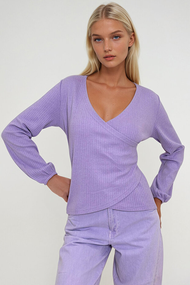 Women's Lilac Double Breasted Collar Elastic Sleeve Blouse Alc-X12929