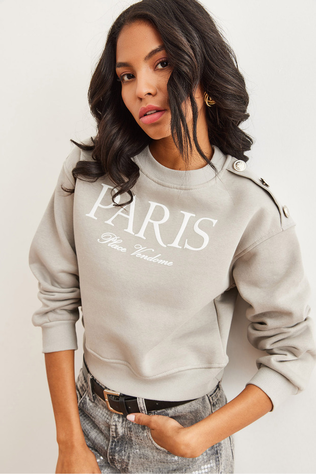 Women's Yunus Gray Shoulder Button Detailed Shirred Crop Thick Sweatshirt Swt-19000695